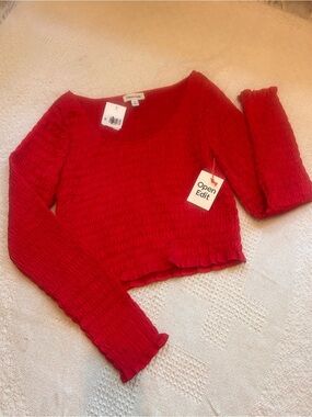 Open Edit Smocked Scoop Neck Crop Top in the shade Red Goji Size M